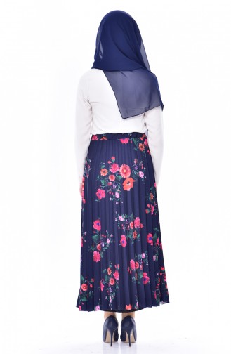 iLMEK Floral Pattern Pleated Skirt 5159-02 Navy Blue 5159-02