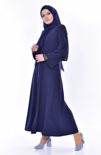 SUKRAN Laser Cut Stone Printed Abaya 35840-03 Navy Blue 35840-03