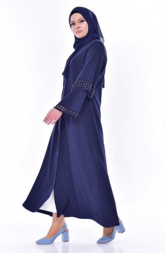 SUKRAN Laser Cut Stone Printed Abaya 35840-03 Navy Blue 35840-03