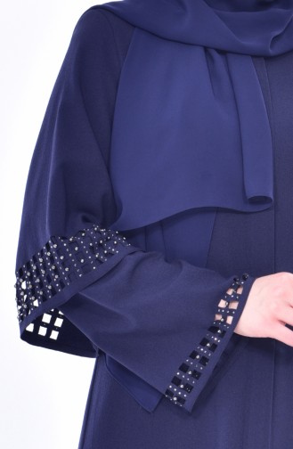 SUKRAN Laser Cut Stone Printed Abaya 35840-03 Navy Blue 35840-03