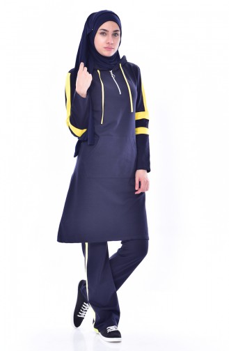 Hooded Zippered Tracksuit 18060-05 Navy Blue Yellow 18060-05