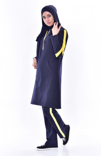 Hooded Zippered Tracksuit 18060-05 Navy Blue Yellow 18060-05