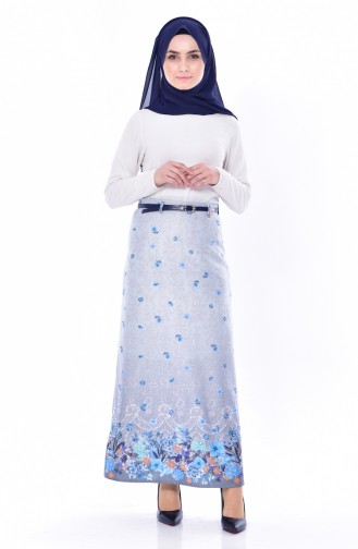 Patterned Belted Skirt 4417-02 Blue 4417-02