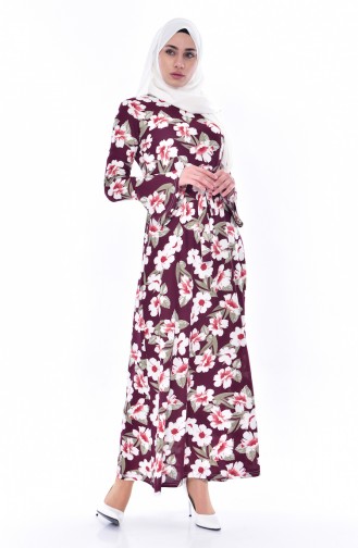 Çiçek Desenli Elbise 0250-03 Mürdüm