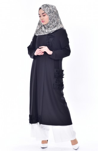 Abaya Plissée avec Poches 35834-01 Noir 35834-01