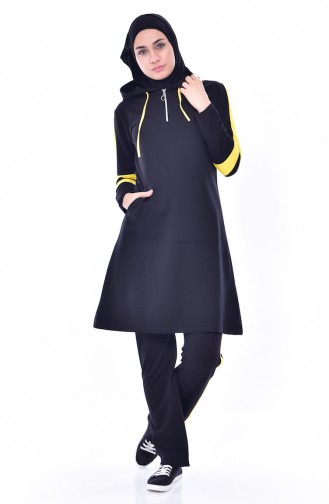 Hooded Zippered Tracksuit Suit 18060-02 Black Yellow 18060-02