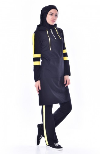 Hooded Zippered Tracksuit Suit 18060-02 Black Yellow 18060-02