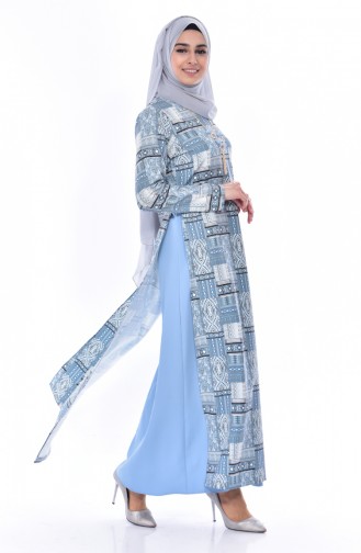 فستان مُطبع بتصميم من قطعتين  3036-02 لون نيلي 3036-02