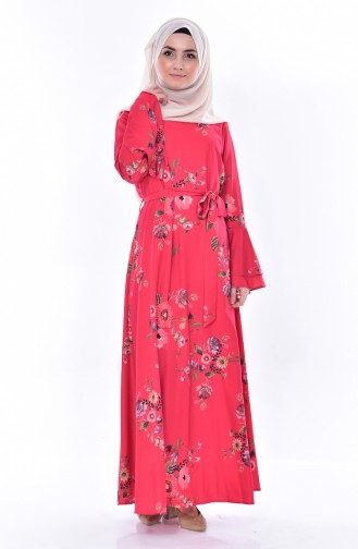 Desenli Kuşaklı Elbise 3034-01 Kırmızı