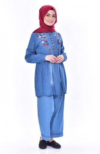 Embroidered Pleated Jeans Tunic 3118-02 Jeans Blue 3118-02