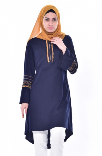 Embroidered Asymmetric Tunic 2304-04 Navy 2304-04