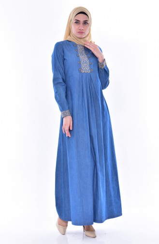 Nakış Detaylı Kot Elbise 1794-01 Mavi