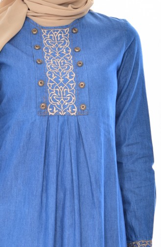 Nakış Detaylı Kot Elbise 1794-01 Mavi
