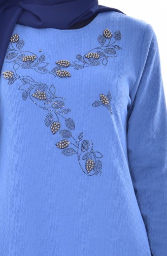 Boncuk İşlemeli Elbise 0174-05 Mavi 0174-05
