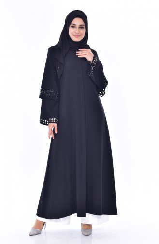 SUKRAN Laser Cut Stone Printed Abaya 35840-02 Black 35840-02