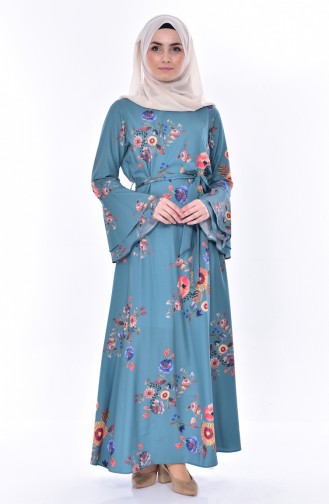 فستان مُطبع بتصميم حزام خصر3034-02 لون أخضر 3034-02