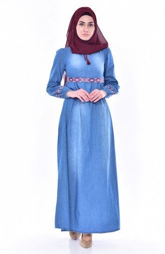 Nakışlı Kot Elbise 3631-01 Kot Mavi