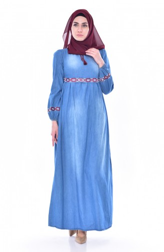 Nakışlı Kot Elbise 3631-01 Kot Mavi