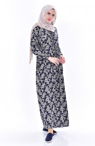 Gül Baskılı Elbise 6037-02 Lacivert 6037-02