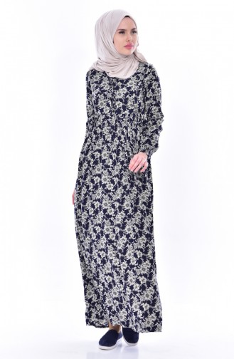 Gül Baskılı Elbise 6037-02 Lacivert 6037-02