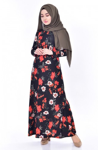 Çiçek Desenli Elbise 4574T-01 Siyah