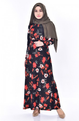 Çiçek Desenli Elbise 4574T-01 Siyah