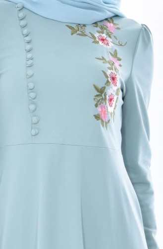 İşlemeli Düğmeli Elbise 8028-11 Açık Mint Yeşil
