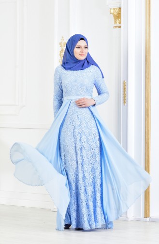 Robe de Soirée a Dentelle et Ceinture 3308-05 Bleu Bébé 3308-05