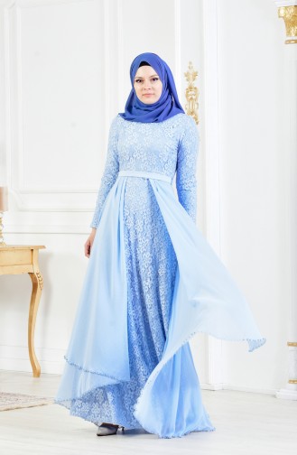 Robe de Soirée a Dentelle et Ceinture 3308-05 Bleu Bébé 3308-05