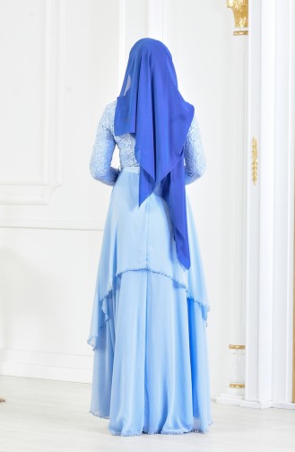 Dantel Kaplama Kuşaklı Abiye Elbise 3308-05 Bebe Mavisi