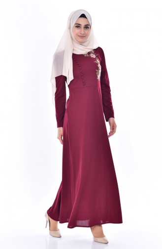 Embroidered Buttoned Dress 8028-10 Bordeaux 8028-10
