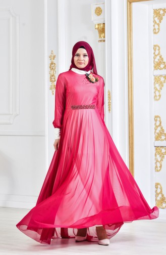 Perlen Abendkleid mit Brosche 1713167-04 Fuchsia 1713167-04