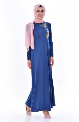 Besticktes Kleid mit Knöpfen 8028-08 İndigo 8028-08