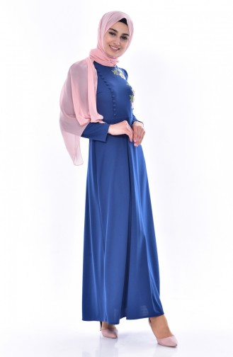 Besticktes Kleid mit Knöpfen 8028-08 İndigo 8028-08