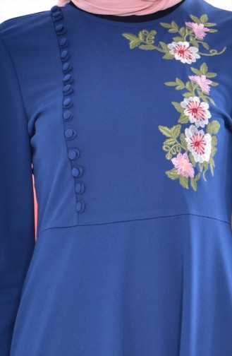 Embroidered Buttoned Dress 8028-08 Indigo 8028-08