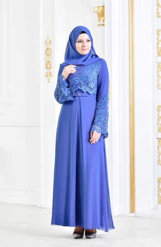 Robe de Soirée Détail Dentelle 52670-07 Bleu Foncé 52670-07