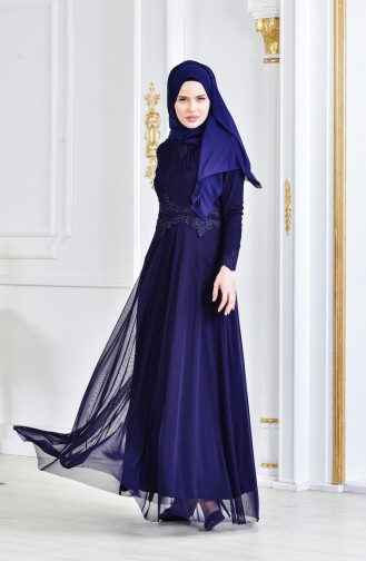 Robe de Soirée avec Pierre 6131-07 Bleu Marine 6131-07