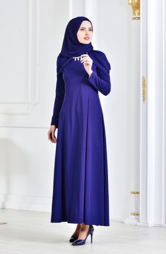 فستان سهرة بتصميم مُزين بقلادة 4463-06 لون كحلي 4463-06