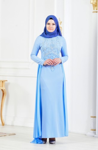 Robe de Soirée Bordée de Pierre 52690-03 Bleu 52690-03