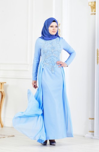 Robe de Soirée Bordée de Pierre 52690-03 Bleu 52690-03