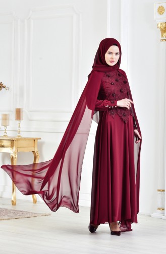 Claret Red Hijab Evening Dress 52657-08