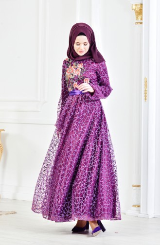 Robe de Soirée Bordée a Paillette 3148-02 Pourpre 3148-02