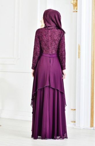 Lace Belted Evening Dress 3308-01 Purple 3308-01