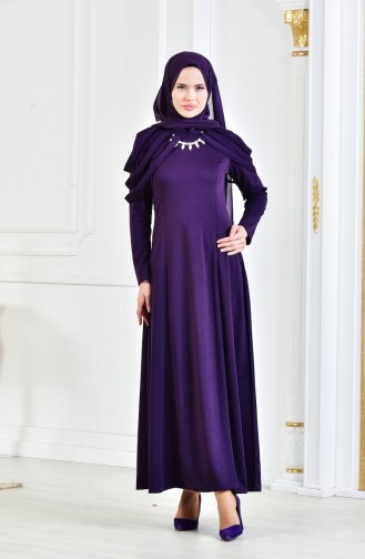 فستان سهرة بتصميم مُزين بقلادة 4463-04 لون بنفسجي 4463-04