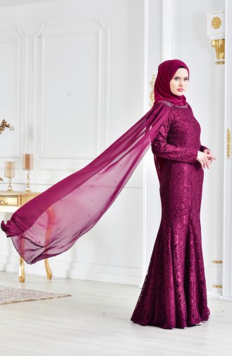 Plum Hijab Evening Dress 3281-02