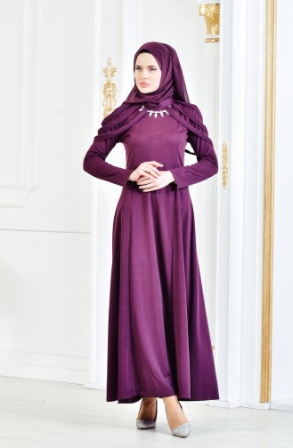 فستان سهرة مزين بقلادة 4463-10 لون ارجواني 4463-10