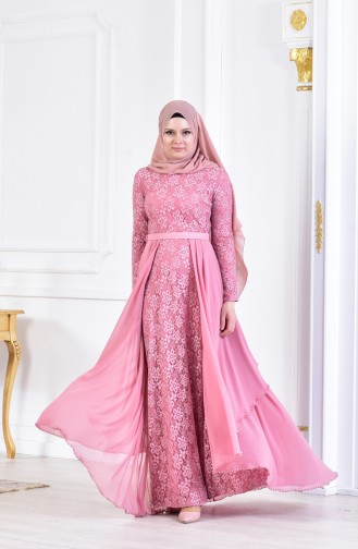 Spitzen Abendkleid mit Gürtel 3308-04 Pink 3308-04