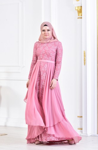 Spitzen Abendkleid mit Gürtel 3308-04 Pink 3308-04