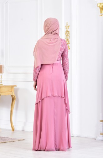 Dantel Kaplama Kuşaklı Abiye Elbise 3308-04 Pembe 3308-04