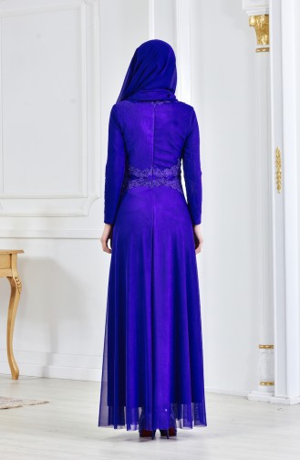 فستان سهرة بتصميم مُزين بالدانتيل والأحجار اللامعة 6131-05 لون ازرق 6131-05